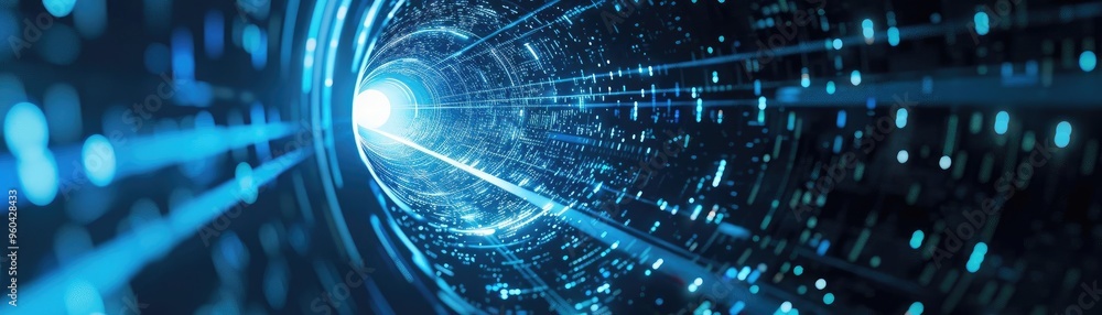 Poster A mesmerizing digital tunnel with shining blue lights and particles creating a futuristic atmosphere, ideal for technology projects.