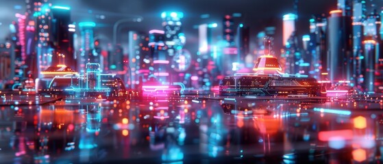 Obraz premium Futuristic Sci-Fi Cityscape with Sleek Buildings and Neon Lights in