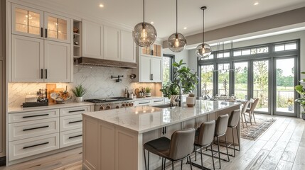Modern Kitchen Design with Central Island, Pendant Lighting, and White Cabinets for Interior Decor Inspiration