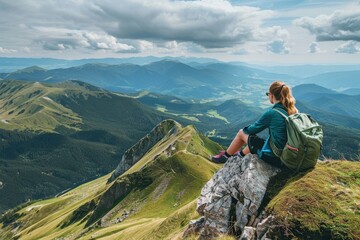 Naklejka premium A woman is sitting on a rock in the mountains with a backpack on her back, generative ai image