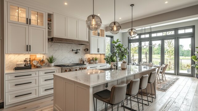 Modern Kitchen Design with Central Island, Pendant Lighting, and White Cabinets for Interior Decor Inspiration