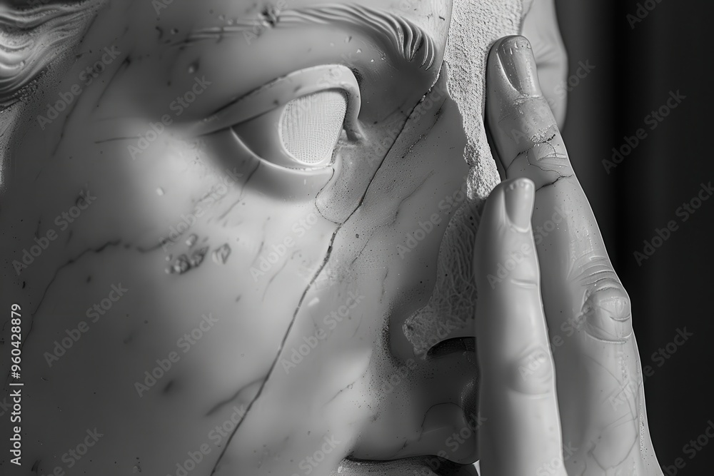 Aufkleber marble figure with a focused expression, featuring fine detailing on the face and hand, illuminated 