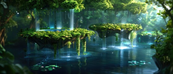 Naklejka premium Enchanted Digital Paradise: Vibrant Flora and Floating Islands in