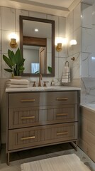 Bathroom remodel featuring gold accents and sleek vanity