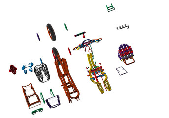 Disassembled multi-colored motorcycle on a white background. 