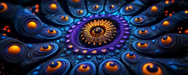 Abstract digital artwork with intricate fractal patterns and vibrant colors, contemporary, visual complexity