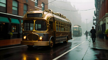 Fototapeta premium A vintage-style trolley car driving down a wet street in a rainy setting, with a person walking in the background. The scene has a nostalgic, old-fashioned atmosphere.