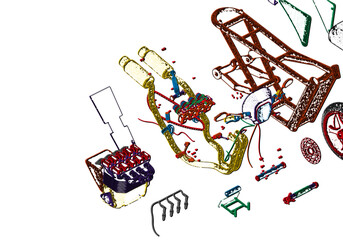 Disassembled multi-colored motorcycle on a white background. 