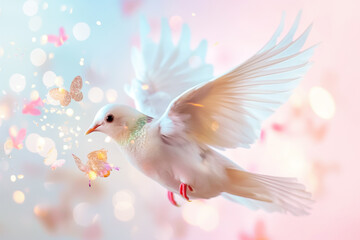Fototapeta premium A serene white dove takes flight, surrounded by delicate butterflies against a soft, pastel backdrop. The scene captures a moment of peace and beauty in nature