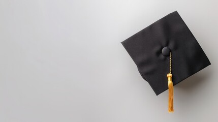 A black graduation cap with a golden tassel is positioned on a light-colored surface, representing the culmination of hard work and academic success