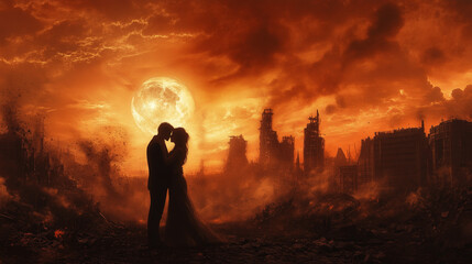 Fototapeta premium silhouette of a couple in an apocalyptic background