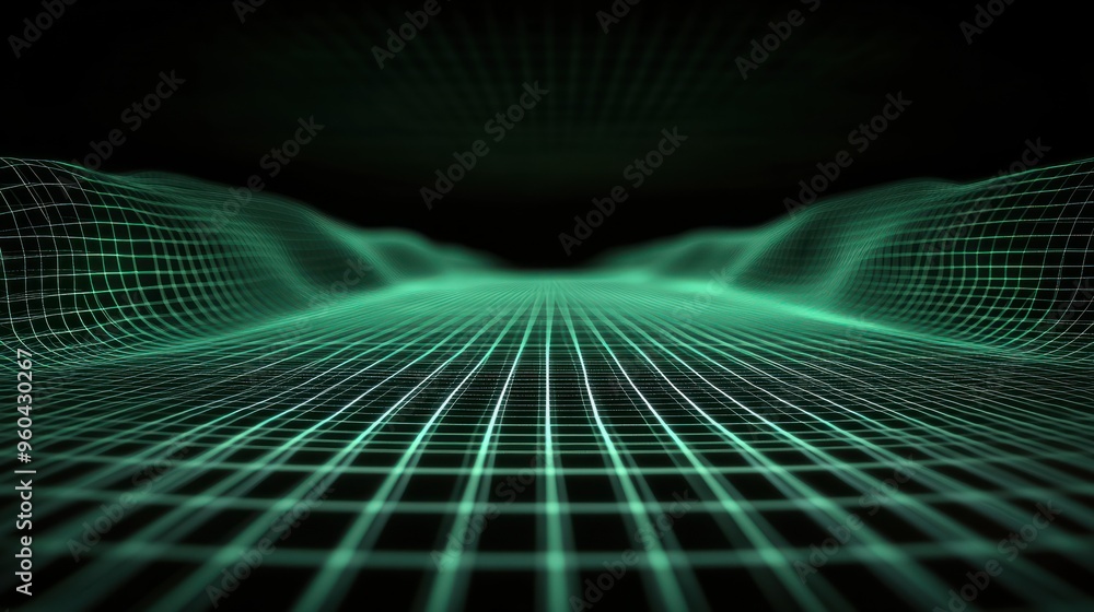 Poster this is an abstract wireframe landscape perspective, with a realistic green grid pattern on a transp
