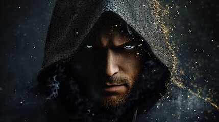 The face of the man in a hood is covered by pixels