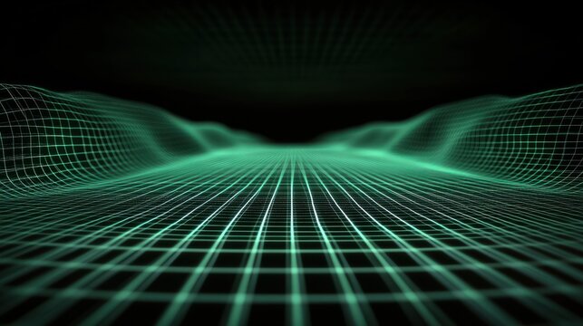 This is an abstract wireframe landscape perspective, with a realistic green grid pattern on a transparent black background. Retro futuristic virtual cyber space background, with a digital mesh