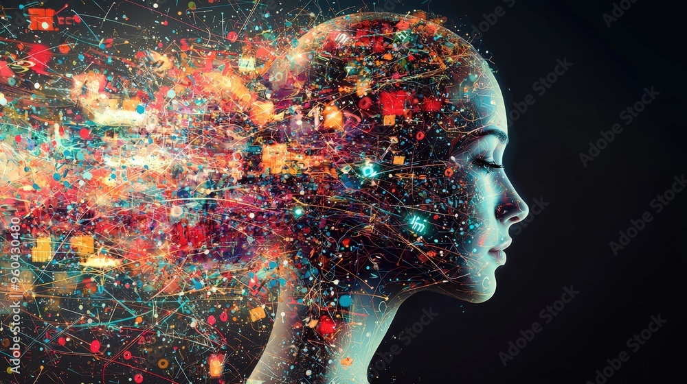 Poster a woman gazes thoughtfully to the side, her head surrounded by a dynamic explosion of colors and sha