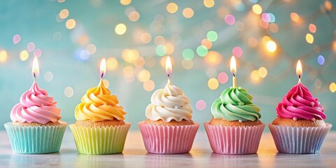 Colorful celebratory cupcakes with glowing candles on soft pastel background