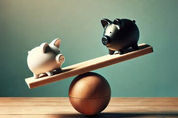 White and black piggy banks balancing on a seesaw, symbolizing financial balance and decisions