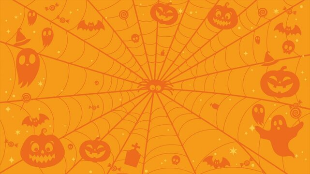 4K Happy Halloween orange background Animation. Spooky ghost and halloween elements on spider web background