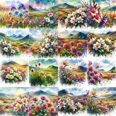 Fototapeta premium watercolor flowers and mountains drawing style floral background. AI generated illustration