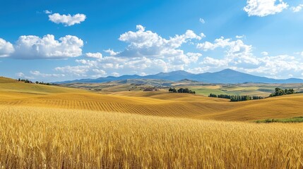 Obraz premium A rolling landscape of golden wheat fields under a bright blue sky, with mountains in the distance.