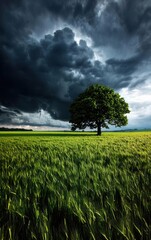 A solitary tree stands in a vibrant green field under a dramatic sky filled with dark clouds, capturing nature's beauty and intensity.