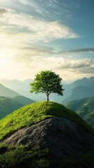 Fototapeta premium A solitary tree stands on a hill surrounded by mountains, illuminated by soft sunlight, creating a serene landscape.