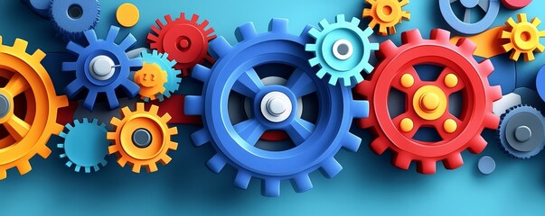 Colorful gears in various sizes and shapes on a blue background, symbolizing creativity and engineering concepts.