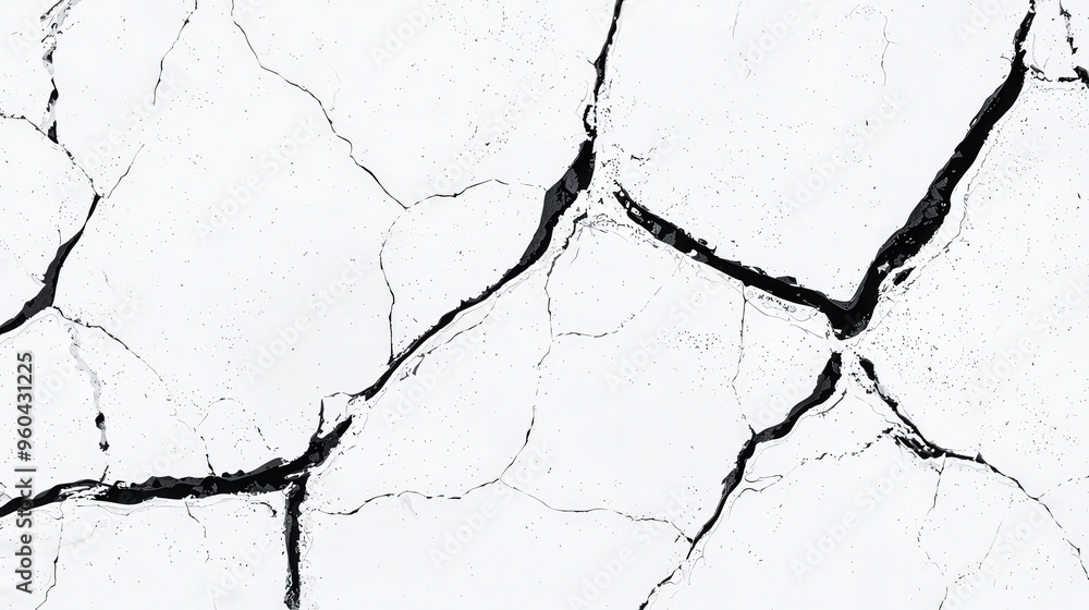 Aufkleber a textured surface features large white cracks intersected by deep black lines, resembling a parched