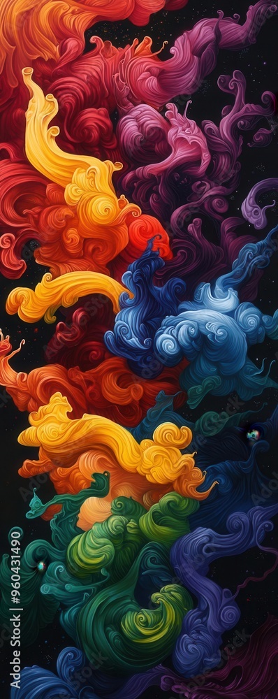 Poster vibrant abstract swirl of colors blending together, creating a mesmerizing visual effect on a dark b