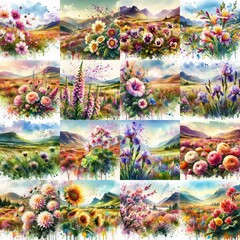 Fototapeta premium watercolor flowers and mountains drawing style floral background. AI generated illustration