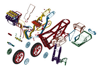 Disassembled multi-colored motorcycle on a white background. 