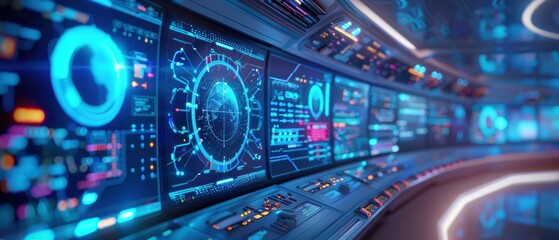 Obraz premium Futuristic Spaceship Control Room with Advanced Technology and Digital Screens