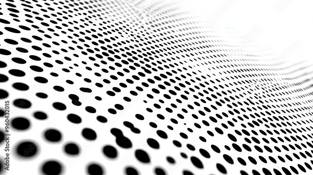 Poster A series of contrasting black dots is arranged in a fluid, wavy pattern, evoking movement and depth against a bright background. The design emphasizes a rhythmic flow