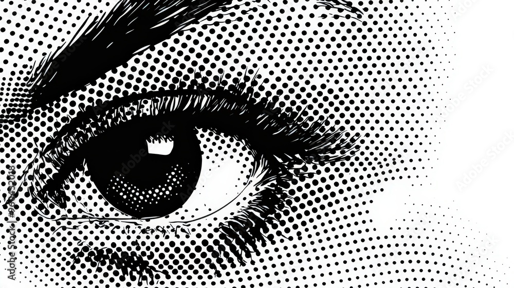 Poster close-up of a human eye, meticulously detailed with shading and dot patterns, conveying a sense of e
