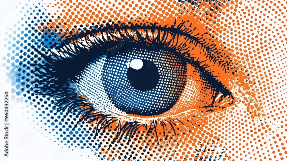 Poster human eye featuring a striking combination of blue and orange halftone patterns that emphasizes the 