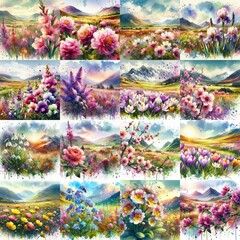 Fototapeta premium watercolor flowers and mountains drawing style floral background. AI generated illustration
