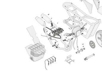 Disassembled motorcycle on a white background. Unique design. 