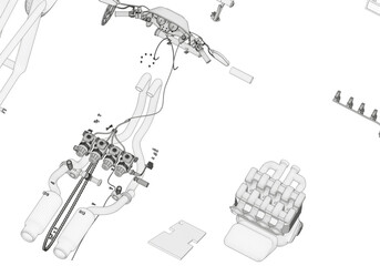 Disassembled motorcycle on a white background. Unique design. 