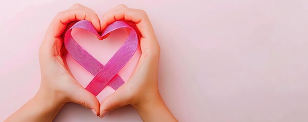 A pair of hands forming a heart shape with a pink ribbon, symbolizing love and support for breast cancer awareness.