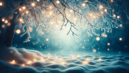 A winter scene featuring frosted tree branches adorned with glowing string lights. Soft falling snowflakes fill the air while a blurred cool toned background creates a dreamy ethereal atmosphere