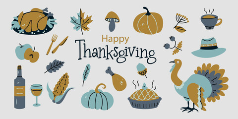 Thanksgiving holiday cute elements set. Vector set of autumn elements with roast turkey,  pumpkin food, corn, wine, hat, pie. Happy Harvest festival. Autumn greeting card design.