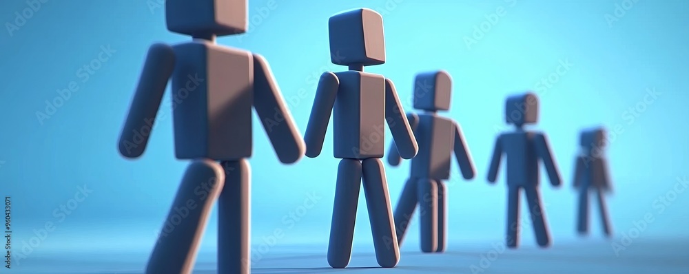 Poster stylized figures walking in a row symbolize teamwork, progress, and collaboration in a modern digita