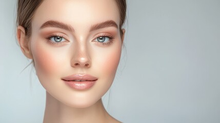 Obraz premium Portrait of a young woman with flawless skin and natural makeup, exuding confidence and beauty in a soft light setting.