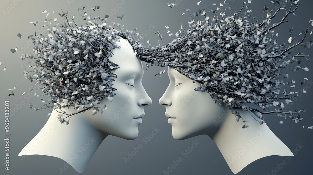 Poster surreal artwork depicting two faces merging with nature, symbolizing connection between humanity and