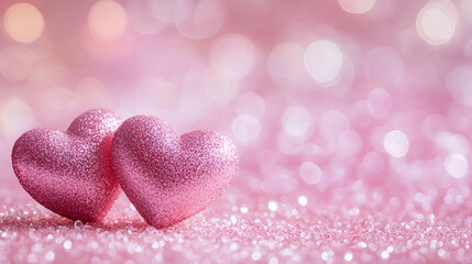 Obraz premium Red Heart shapes on abstract light glitter background in love , A glittering pink heart against a dreamy backdrop of soft focus hearts on light pink background 