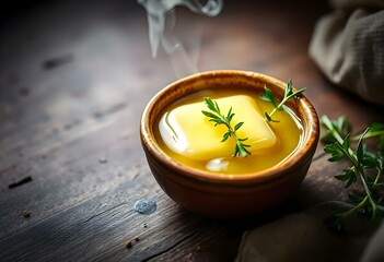 a rustic kitchen scene featuring melted butter in a small ceramic bowl create with ai