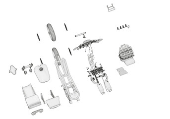 Disassembled motorcycle on a white background. Unique design. 