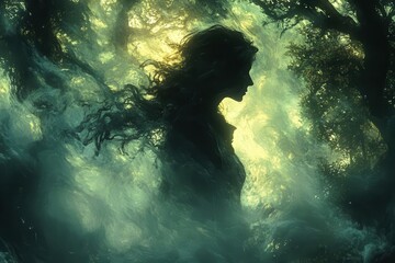 ethereal forest scene with an elderly womans silhouette her face obscured by swirling mist and dappled sunlight filtering through ancient trees creating an air of mystery and wisdom