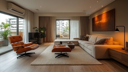 Inviting Cozy Apartment Interior with Soft Furnishings, Warm Lighting, and Contemporary Artwork