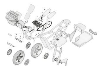 Disassembled motorcycle on a white background. Unique design. 
